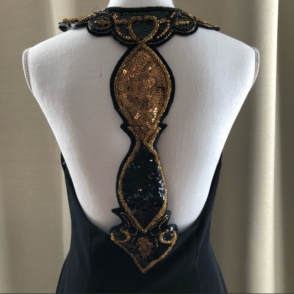 Vintage Black Gold Sequined Beaded Cocktail Dress - Picture 7 of 8